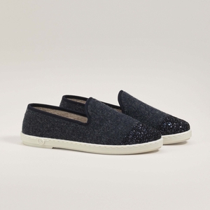 Chausson Femme laine recyclée, bleu marine paillettes