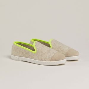 Chausson Femme laine recyclée, beige jaune fluo