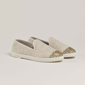 Chausson Femme laine recyclée, beige paillettes